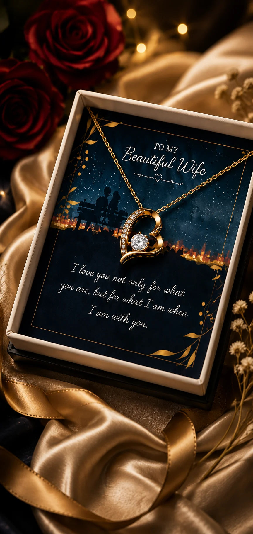 A heart-shaped gold pendant necklace with a clear gemstone, presented in a decorative gift box with a romantic message for a wife. The box is styled with gold satin fabric, red roses, and warm bokeh lights in the background.